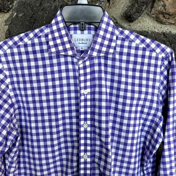 Ledbury Mens Purple Gingham Check Button Up Long Sleeve Medium 15 1/2 - Picture 3 of 8